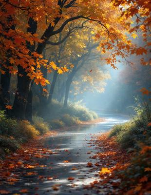Primary subject: A tree-lined path with autumn leaves.

Setting/background: The path is surrounded by trees with autumn leaves, creating a serene and picturesque atmosphere.

Visual style: The image is a photo of the tree-lined path with autumn leaves.

Colors and mood: The dominant colors are orange and yellow, which create a warm and inviting mood.